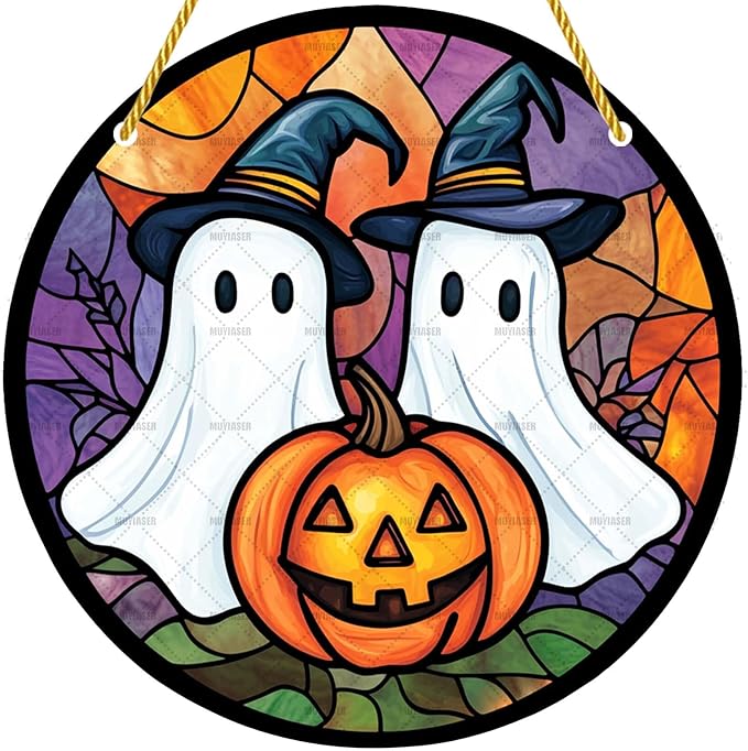 Acrylic Window Hanging Ghosts Pumpkin Stained Panel Window Decoration for Halloween Decorations Outdoor Indoor Garden Yard Home Halloween Decor 12 Inch