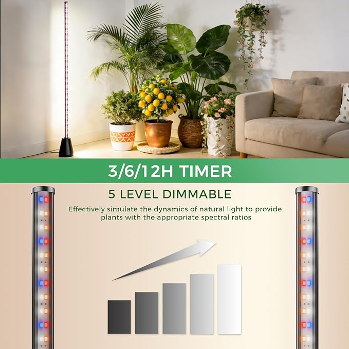 Grow Lights for Indoor Plants with Timer, 2PCS 60 Inch Vertical Grow Light Full Spectrum 384 LEDs 48W with Remote 3/6/12H Auto On/Off 3 Light Modes 5-Level Dimmable Standing Plant Lamp
