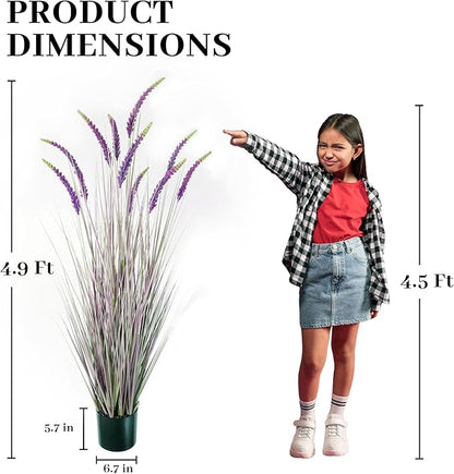 KOL 5ft Artificial Veronica Horsetail Reed Grass – 59in Tall Faux Purple Grass Plant in Pot, Indoor Outdoor Artificial Greenery for Home, Office, Patio & Wedding Décor, UV Resistant