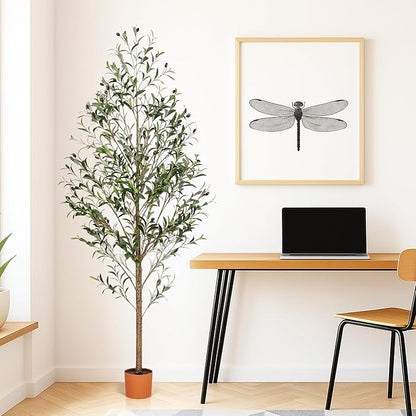 7FT Artificial Olive Tree Indoor Tall Realistic Faux Olive Tree with Plastic Planter, Fake Silk Tree with Handcrafted Branches & Fruits, Large Fake Plant for Home and Office Decor