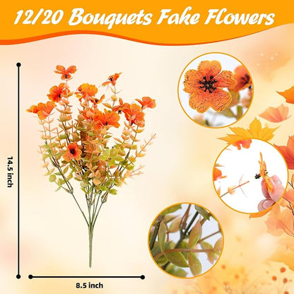 Fall Artificial Flowers for Outdoors Fake Mums for Outside 12 Bundles Faux Silk Orange Dasiy Flower Look Real UV Resistant No Fade Faux Fall Flowers for Front Door Porch Autumn Decoration