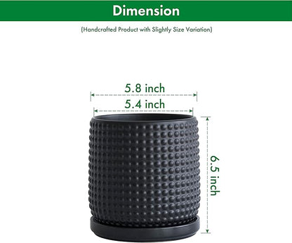 D'vine Dev Set of 2 Ceramic Plants Pots, 6 Inch Beaded Stoneware Flower Pot for Plants with Drainage Hole and Saucer, Ebony Matte, 27-E-X-6