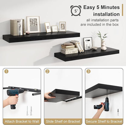 Heimlove Black Bathroom 12'' Deep Floating Shelves for Wall - Shelf Over Toilet Wall Mounted Farmhouse 24 inches,Rustic Wood Shelves Decor & Storage,Set of 1