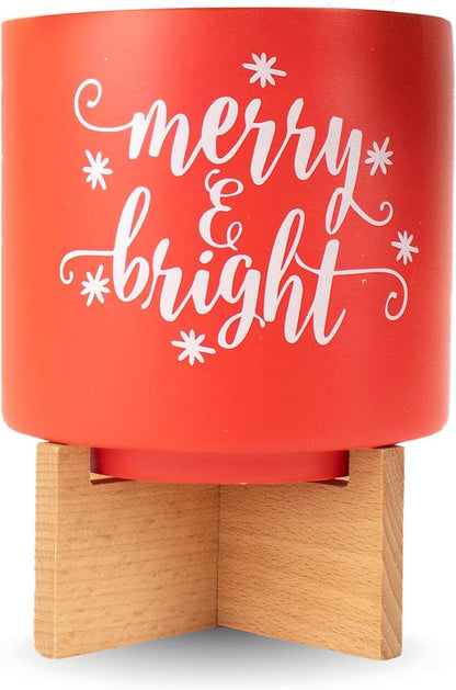 Ceramic Holiday Planter Pot, Merry & Bright Design, Red & White, Holds 4" House Plant or Succulent, Festive Winter Christmas Home Décor with Wood Stand