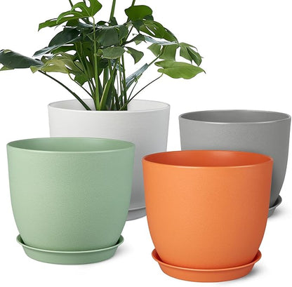 Plant Pots 8 Inch Set of 4, Flower Pots with Multi Mesh Drainage Holes, Planters for Indoor Outdoor Garden Plants and Flowers (Multicolor)