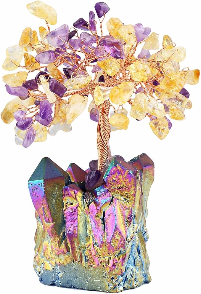 mookaitedecor Citrine & Amethyst Crystal Tree, Quartz Cluster Rainbow Titanium Crystals Base Bonsai Money Tree for Wealth and Luck