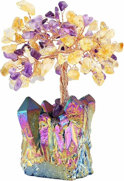 mookaitedecor Citrine & Amethyst Crystal Tree, Quartz Cluster Rainbow Titanium Crystals Base Bonsai Money Tree for Wealth and Luck