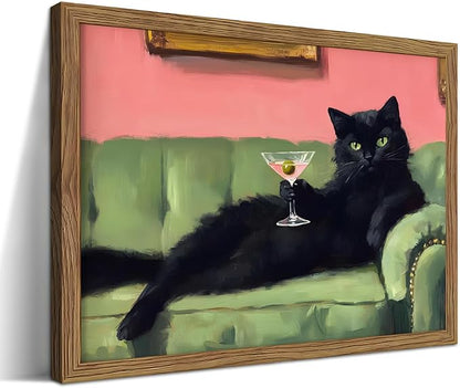 Framed Black Cat with Martini Wall Art Print, Whimsical Cute Cat Decor Paintings, Cocktail Art Bar Cart Decor, Funny Animal Canvas Pictures Aesthetic for Home Living Room Bedroom – 8x10 inch