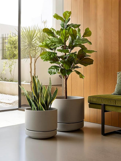 LE TAUCI Large 14 Inch Plant Pot with Saucer | Ceramic Outdoor & Indoor Big Planter Pot | Drainage Hole, Mesh Pad & Plug | Unglazed Porous | Modern Minimalist for Home and Patio – Neutral Gray