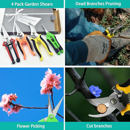 4 Pack Garden Pruning Shears Scissors Set, Stainless Steel Sharp Clippers Flower Shears Florist Scissors with Non-Slip Grip for Plant Tree Trimmers Secateurs