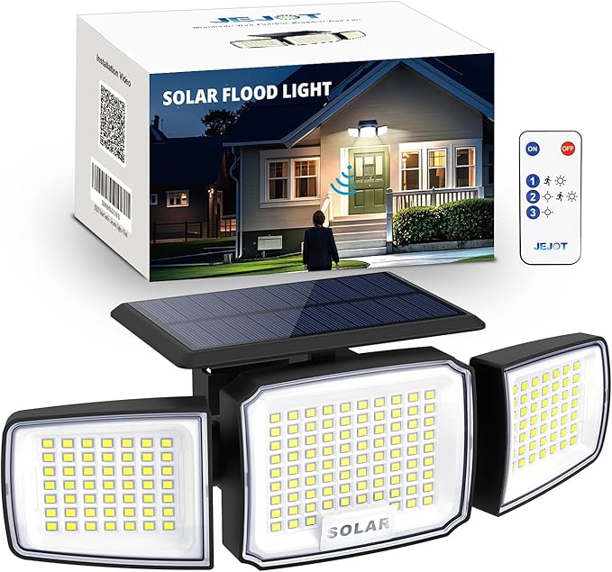 Solar Security Light Outdoor Super Bright LED w/Remote Control, Radar Motion Sensor Flood Light, 3 Heads 270° Wide Angle, IP65 Waterproof, 3 Modes (1 Pack)