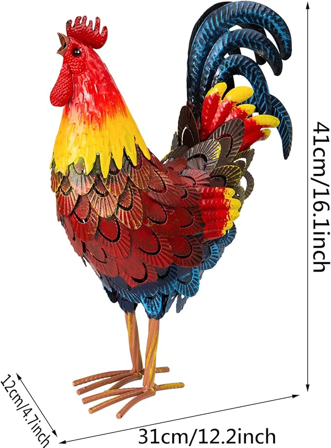 Metal Rooster Statues, Garden Chicken Decorations, Outdoor Chicken Sculptures, Metal Yard Rooster Artwork for Yard Farm Patio Lawn Porch Kitchen Decoration (Red)