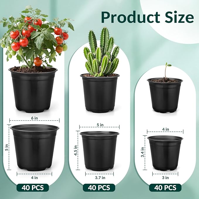 Nursery Pots for Plants, 4 5 6 Inch Plant Pots with Drainage, 120 pcs Plastic Seedlings Flower Pots for Plants, Great for Herbs, Cuttings, and Starter (4+5+6 Inch)