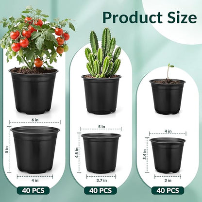 Nursery Pots for Plants, 4 5 6 Inch Plant Pots with Drainage, 120 pcs Plastic Seedlings Flower Pots for Plants, Great for Herbs, Cuttings, and Starter (4+5+6 Inch)