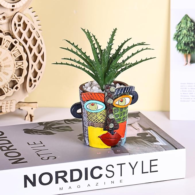 Mini Face Planters Pots Head, Abstract Colorful Graffiti Cute Mini Pots for Plants with Drainage, Ideal for Indoor Outdoor Unique Planters for Plants (Colored)