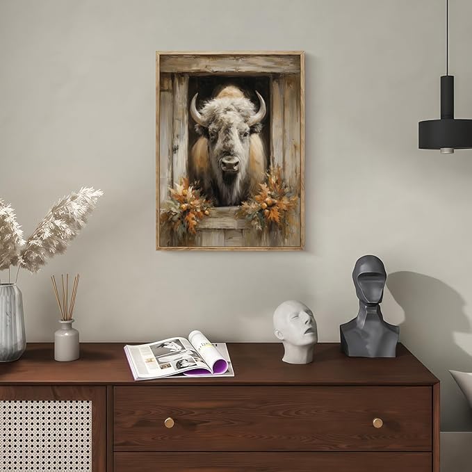 Vintage Canvas Wall Art Cow Wall Decor Animal Country Wildflowers Oil Painting Farmhouse Picture Modern Print Rustic Floral Prints Living Room Bedroom Bathroom 12x16 Inch Framed
