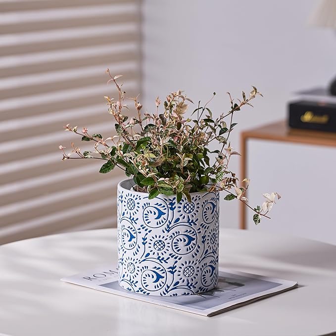 Blue and White Ceramic Plant Pot for Indoor Plants, 4.7 Inch Boho Flower Pot with Drainage Holes, Modern Planter for Home & Office Decor