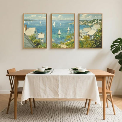 Large Coastal Sailboat Framed Canvas Wall Art Set,Summer Seascape Wall Decor,Nautical Blue Ocean Art Prints,Nature Beach Artwork for Living Room,Bedroom,Dining Room,Office-24 x36 x3