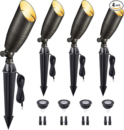 Gardenreet Brass Landscape Lighting - Low Voltage Spotlights Outdoor LED, 12V Wired Uplights, Waterproof Spot Lights, Bronze for Outside Trees with 5W 4000K Natural White MR16 Bulb (4 Pack)