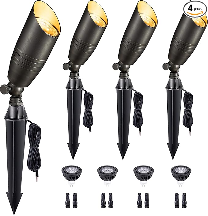 Gardenreet Brass Landscape Lighting - Low Voltage Spotlights Outdoor LED, 12V Wired Uplights, Waterproof Spot Lights, Bronze for Outside Trees with 5W 5000K Daylight MR16 Bulb (4 Pack)