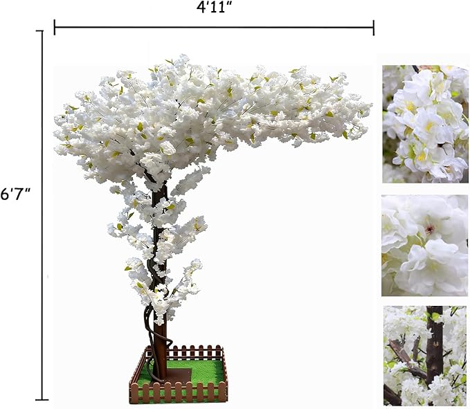 Artificial Cherry Blossom Tree 6.6Ft, White Silk Flowers with Solid Wood Trunk for Home & Garden Decor