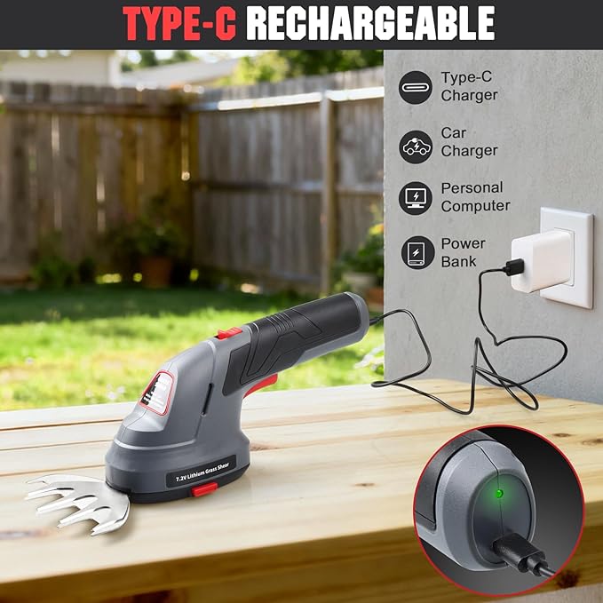 Cordless Grass Shear & Hedge Trimmer, 2 in 1 Handheld Bush Trimmer, 7.2V Electric Shrub Trimmer/Grass Cutter with Type-C Cable and Rechargeable Lithium-Ion Battery