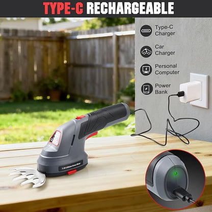 Cordless Grass Shear & Hedge Trimmer, 2 in 1 Handheld Bush Trimmer, 7.2V Electric Shrub Trimmer/Grass Cutter with Type-C Cable and Rechargeable Lithium-Ion Battery
