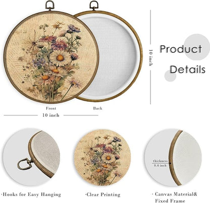 MAQIKA Vintage Floral Framed Wall Art Decor, Botanical Wall Art, Daisy Wall Decor, Bouquet Round Wall Hanging Decor, Retro Wildflower Canvas Prints Wall Art for Bedroom Kitchen Living Room,10x10 Inch