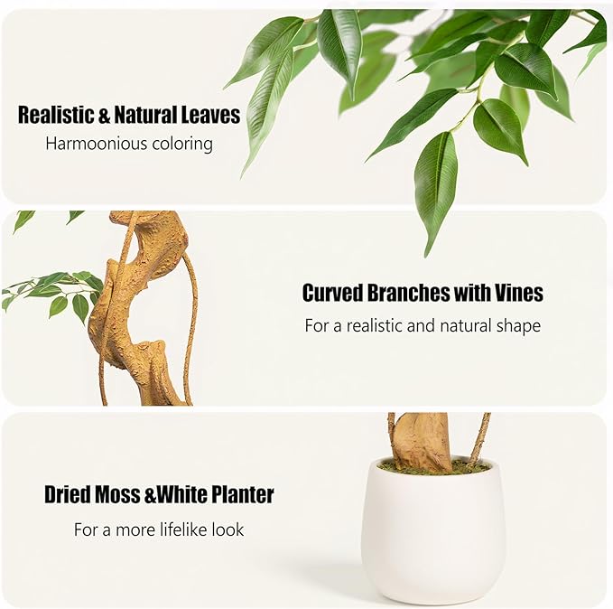 5ft Large Ficus Artificial Trees in White Pot, 60" Tall Fake Silk Tree with Natural Curved Trunk, Lush Faux Ficus Tree for Indoor Home Decor, Living Room, Office & Patio