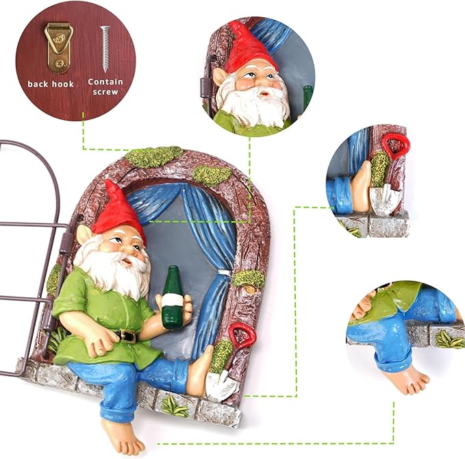 Garden Gnome Window Statue for Trees and Wall, Drinking Dwarf Fairy Garden Miniature Accessories, Patio Art Sculpture