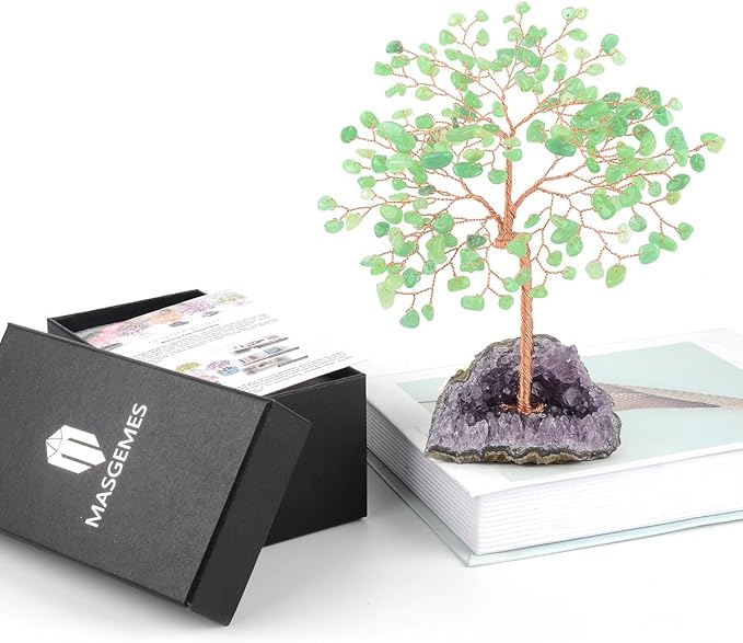 Gemstone Crystal Tree of Life,Natural Green Aventurine with Amethyst Cluster Base,Feng Shui Gift Bonsai Money Tree,Home Decor for Luck and Wealth 5.5"-6.3"