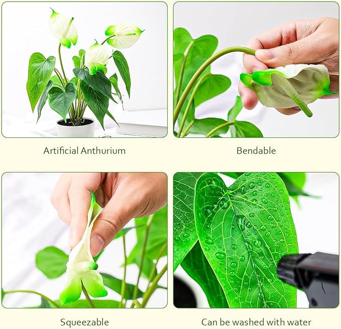 Folmywy Artificial Flower Plants 15 inch Faux Simulation Anthurium White in Plastic Pot Real Touch Fake Flowers Bonsai Decor Garden Balcony Entranceway Living Room Indoor