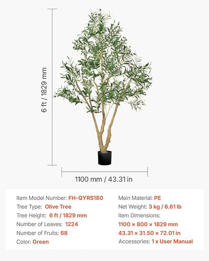 VEVOR 6FT Artificial Olive Tree with Black Pot, Tall Fake Tree with Natural Wood Trunk & Realistic Green Leaves and Fruits, Indoor Faux Plant for Home, Office, Living Room, Corner Decor