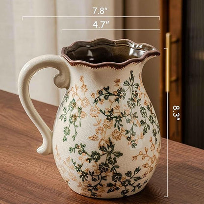 Vintage Ceramic Vase with Handle, Green and Beige Rustic Flower Pitcher Vase for Home Decor, Decorative Vase for Living Room, Bookshelf, Office, Vases for Centerpieces 8 Inch