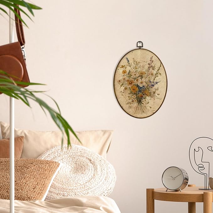 MAQIKA Bohemian White Flower Oval Framed Wall Art Decor, Botanical Wall Art, Floral Bouquet Oval Wall Hanging Decor, Vintage Wildflower Canvas Prints Wall Art for Nursery Room Bedroom, 8.7x11.3 Inch