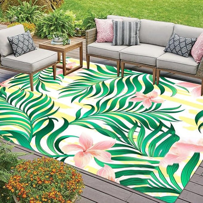 Yellow Green Pink Palm Leaves and Flower Print Indoor Outdoor Area Rug 5x8 Machine Washable Waterproof Patio Deck Balcony Porch Outside Rug No Skid Tropical Plants Kitchen Laundry Floor Carpet
