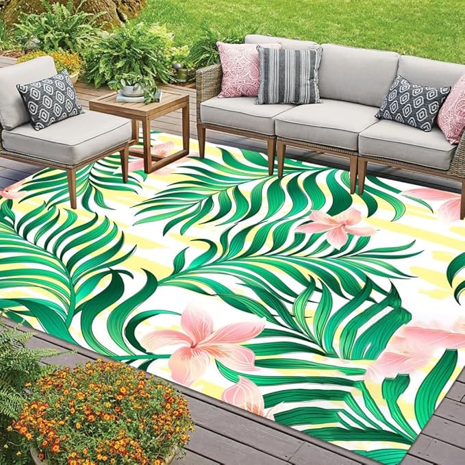 Yellow Green Pink Palm Leaves and Flower Print Indoor Outdoor Area Rug 2x6 Machine Washable Waterproof Patio Deck Balcony Porch Outside Rug No Skid Tropical Plants Kitchen Laundry Floor Carpet