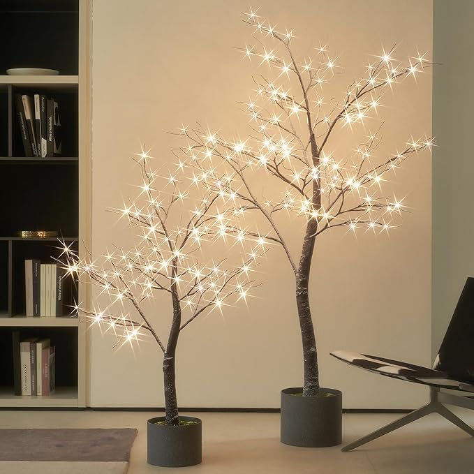 Hairui Lighted Flocked Potted Trees with Timer and Dimmer 4FT 6FT, Snow Dusted Twig Tree with Lights for Indoor Outdoor Home Thanksgiving Christmas Holiday Decoration
