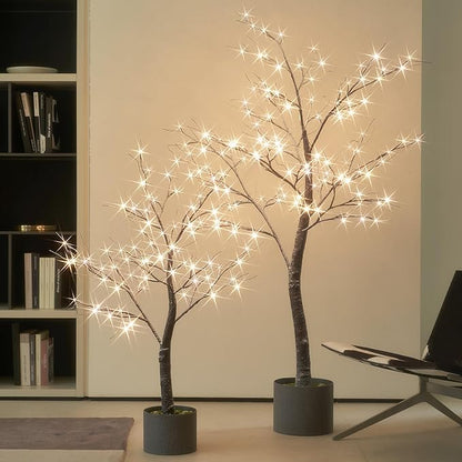 Hairui Lighted Flocked Potted Trees with Timer and Dimmer 4FT 6FT, Snow Dusted Twig Tree with Lights for Indoor Outdoor Home Thanksgiving Christmas Holiday Decoration
