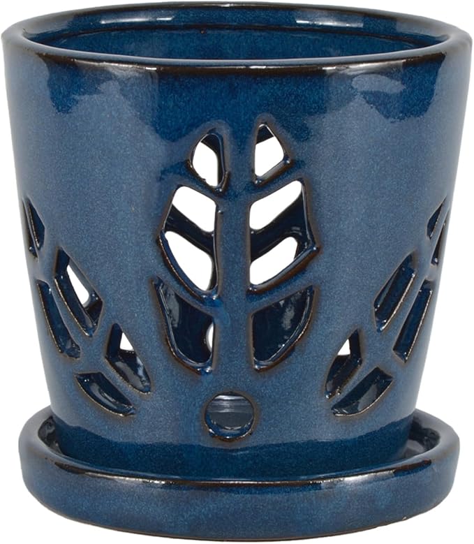 W&W Orchid Pot with Holes and Saucer for Repotting, Blue, 5.5 Inches