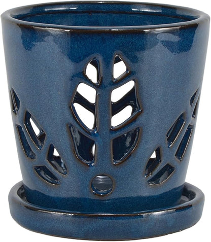 W&W Orchid Pot with Holes and Saucer for Repotting, Blue, 5.5 Inches