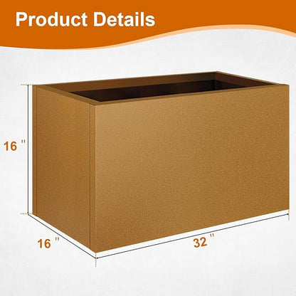 Corten Steel Planter Box 32"x16"x16", Rustic Metal Planter with Partitions & Drainage Holes, Frost Rust Resistant Heavy Duty Planter for Patio Garden Indoor Outdoor Commercial Decor