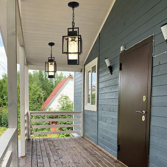 15" Outdoor Indoor Pendant Light Exterior Hanging Lantern, Modern Black Metal Outside Chandelier Light Fixture Ceiling Mount with Water Glass for Front Porch Entrance Foyer Entryway (Bulb Included)
