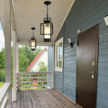 15" Outdoor Indoor Pendant Light Exterior Hanging Lantern, Modern Black Metal Outside Chandelier Light Fixture Ceiling Mount with Water Glass for Front Porch Entrance Foyer Entryway (Bulb Included)