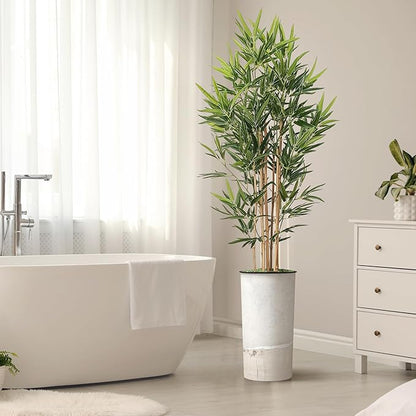 Artificial Tree in Gray Tan Watercolor Abstract Planter, Fake Bamboo Silk Tree for Indoor and Outdoor Home Decoration - 70" Overall Tall (Plant Pot Plus Tree)