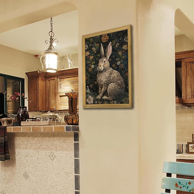 SAMHOU Framed 3D Textured Wall Art, Vintage Sandstone Hand Drawn Rabbit Wall Decor, Easter Cute Bunny Decor Painting, Nature Animal Flowers Pictures for Bathroom Living Room Bedroom Office 12x16 inch