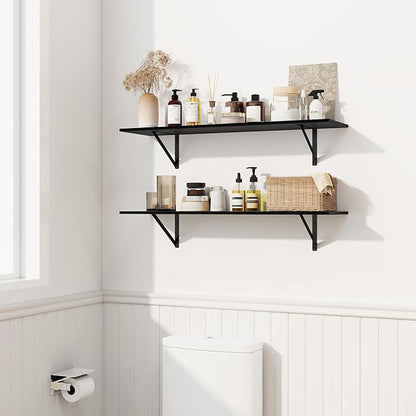 Fun Memories Deep Floating Shelves for Wall, 16W x 8D Wall Mounted Shelves Set of 2, Wide Display Ledge Shelf with Sturdy Metal Brackets for Living Room, Bathroom, Bedroom and Kitchen, Black