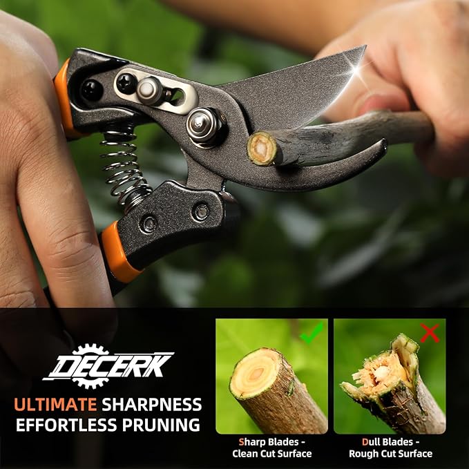 DECERK 8.5" Professional Pruning Shears - Cuts 4X Easier with Ultra Sharp Japanese Steel Titanium Blade, Arthritis Friendly Garden Scissors & Plant Clippers, Effortlessly Prunes 3/4" Branches