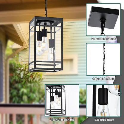 Large Outdoor Pendant Light for Porch, Black 3 Lights Outdoor Pendant Light Fixtures, Modern Hanging Light Fixture, Exterior Chandelier Hanging Lantern for Patio,Front Door