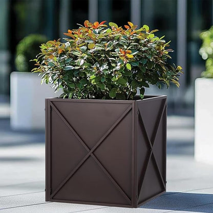 BAYN Metal Square Planter Box Tall Planters for Outdoor Plants Modern Heavy Duty with Drainage Holes for Outside Indoor Patio Deck - Brown, 17”x 17”x 18”